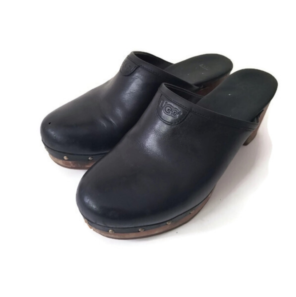 UGG leather black wooden clogs mules sz 8